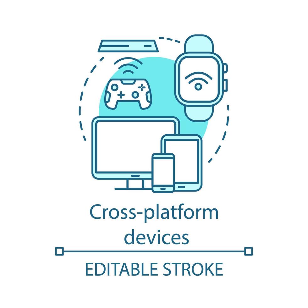 Cross platform devices connection concept icon. Internet of things idea thin line illustration. IOT, wireless technology, smart online network. Vector isolated outline drawing. Editable stroke