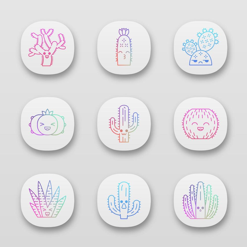 Cactuses app icons set. Plants with smiling faces. Laughing barrel and peyote cactuses. Kissing hedgehog wild cacti. UI UX user interface. Web or mobile applications. Vector isolated illustrations