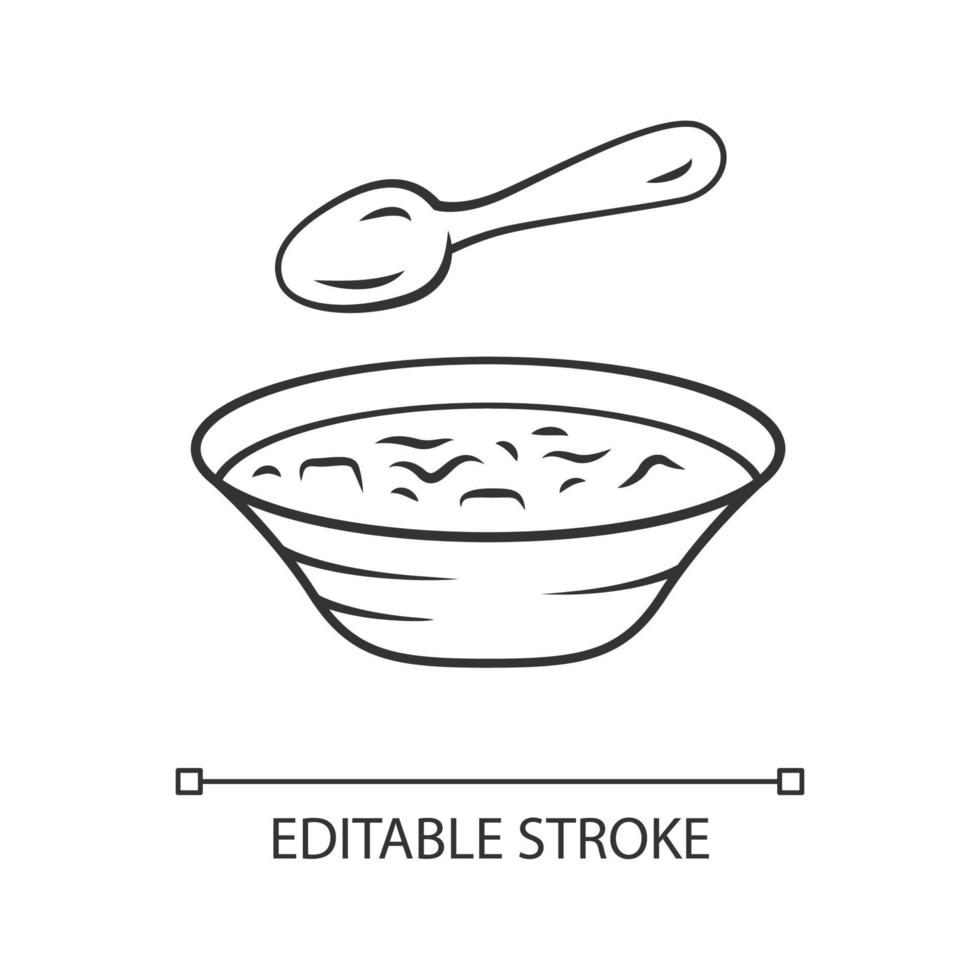 Soup linear icon. Bowl, spoon, kitchenware. Hot steaming soup plate. First meal. Healthy diet. Nutritious meal. Thin line illustration. Contour symbol. Vector isolated outline drawing. Editable stroke