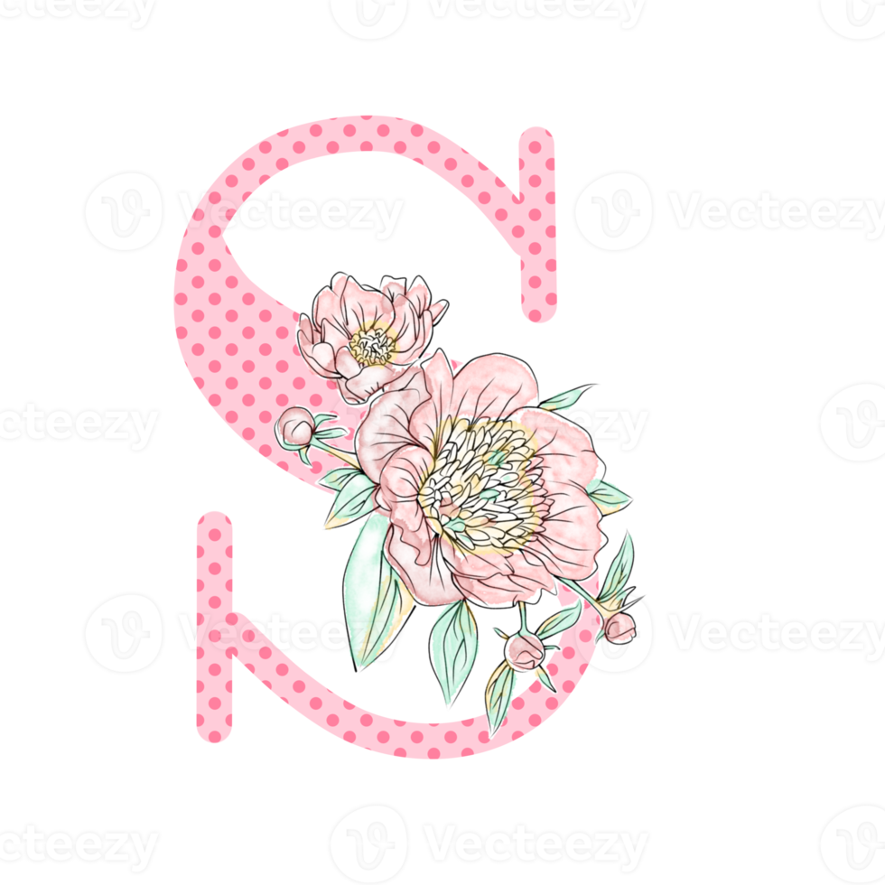 Illustration of letters decorated with a bouquet of peonies png