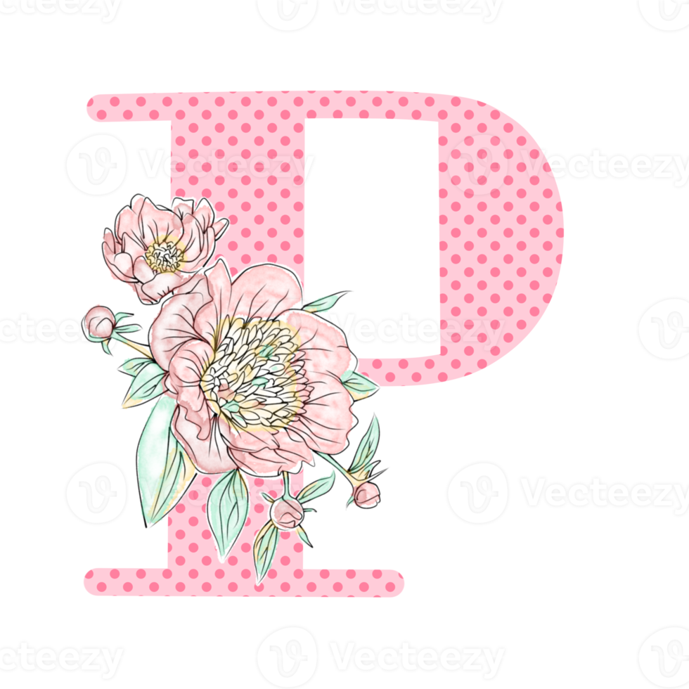 llustration of letters decorated with a bouquet of peonies png