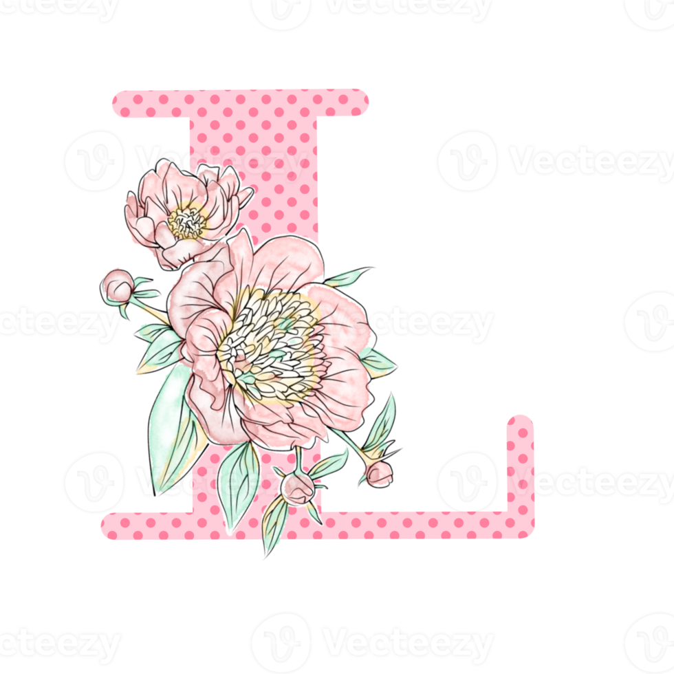 Illustration of letters decorated with a bouquet of peonies png