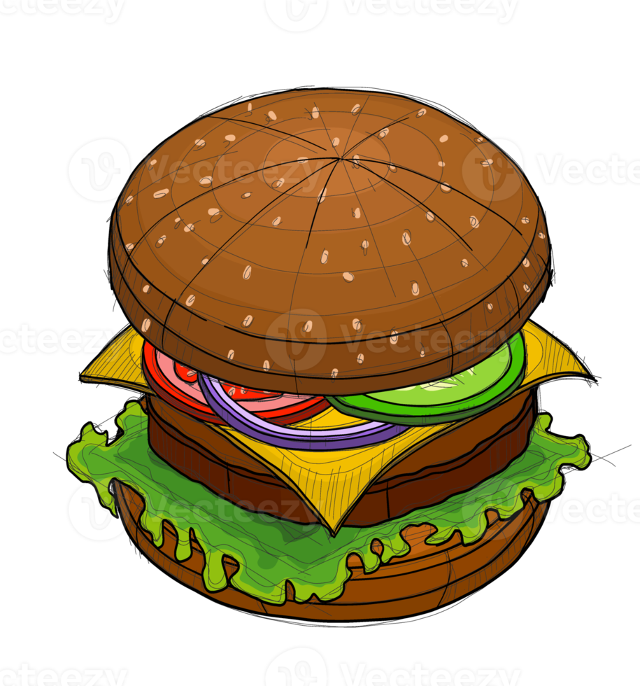 big burger, hamburger hand drawn vector illustration free hand sketch style png