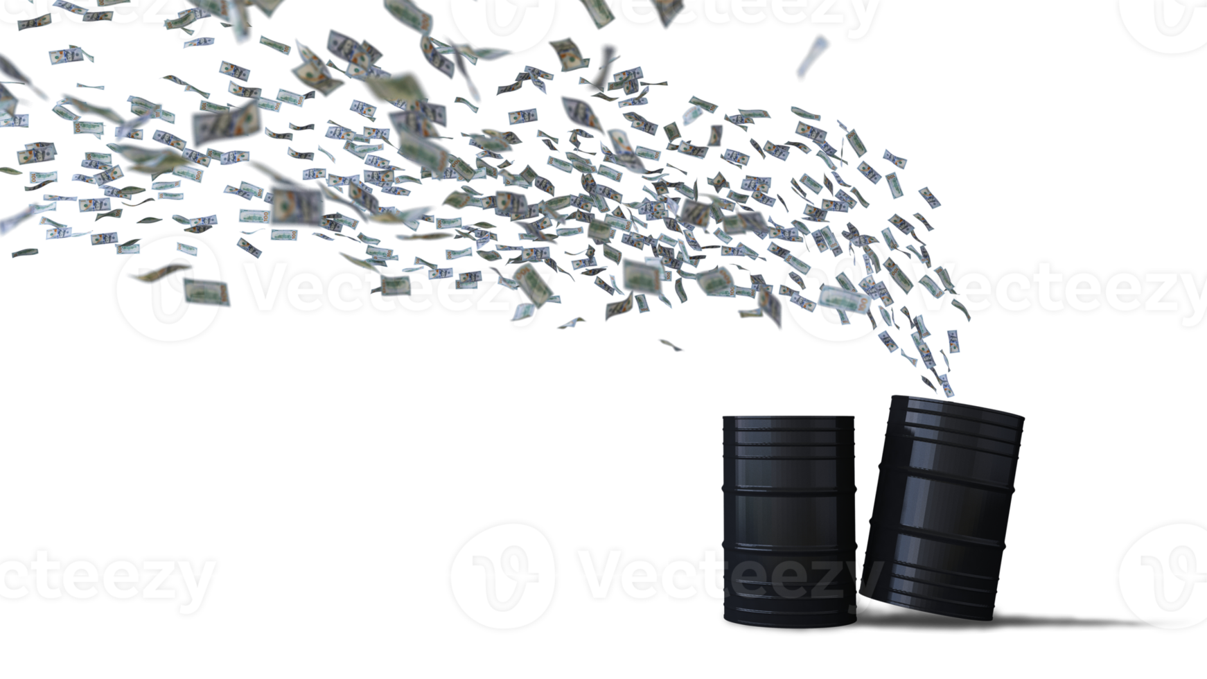 Mockup of 3d rendering image of 100 dollar bank notes flying to oil tank png
