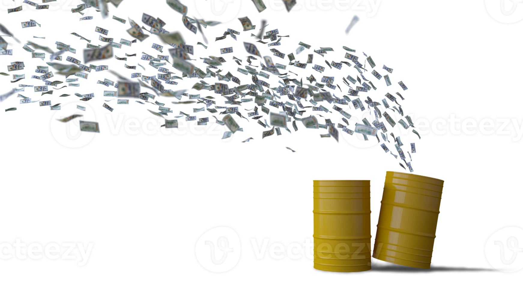 Mockup of 3d rendering image of 100 dollar bank notes flying to oil tank png