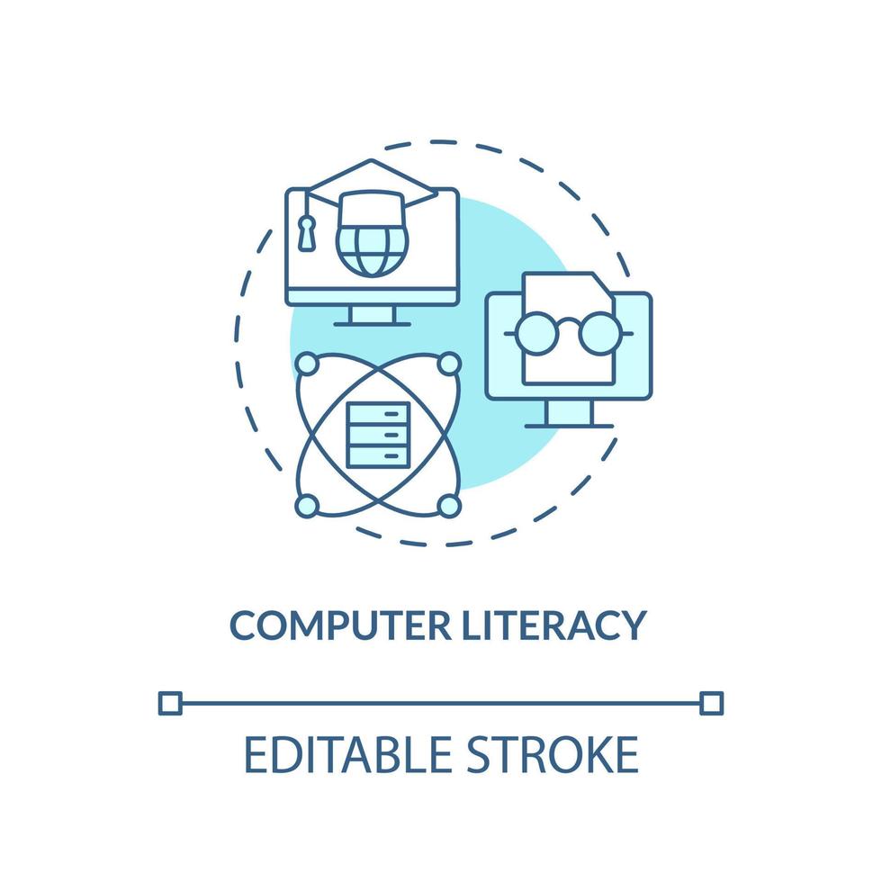 Computer literacy turquoise concept icon. Computer systems. Basic digital skills abstract idea thin line illustration. Isolated outline drawing. Editable stroke vector