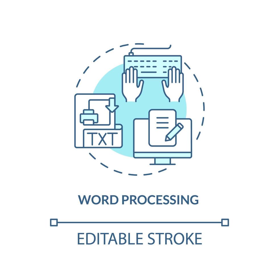 Word processing turquoise concept icon. Create and edit text. Basic digital skills abstract idea thin line illustration. Isolated outline drawing. Editable stroke vector