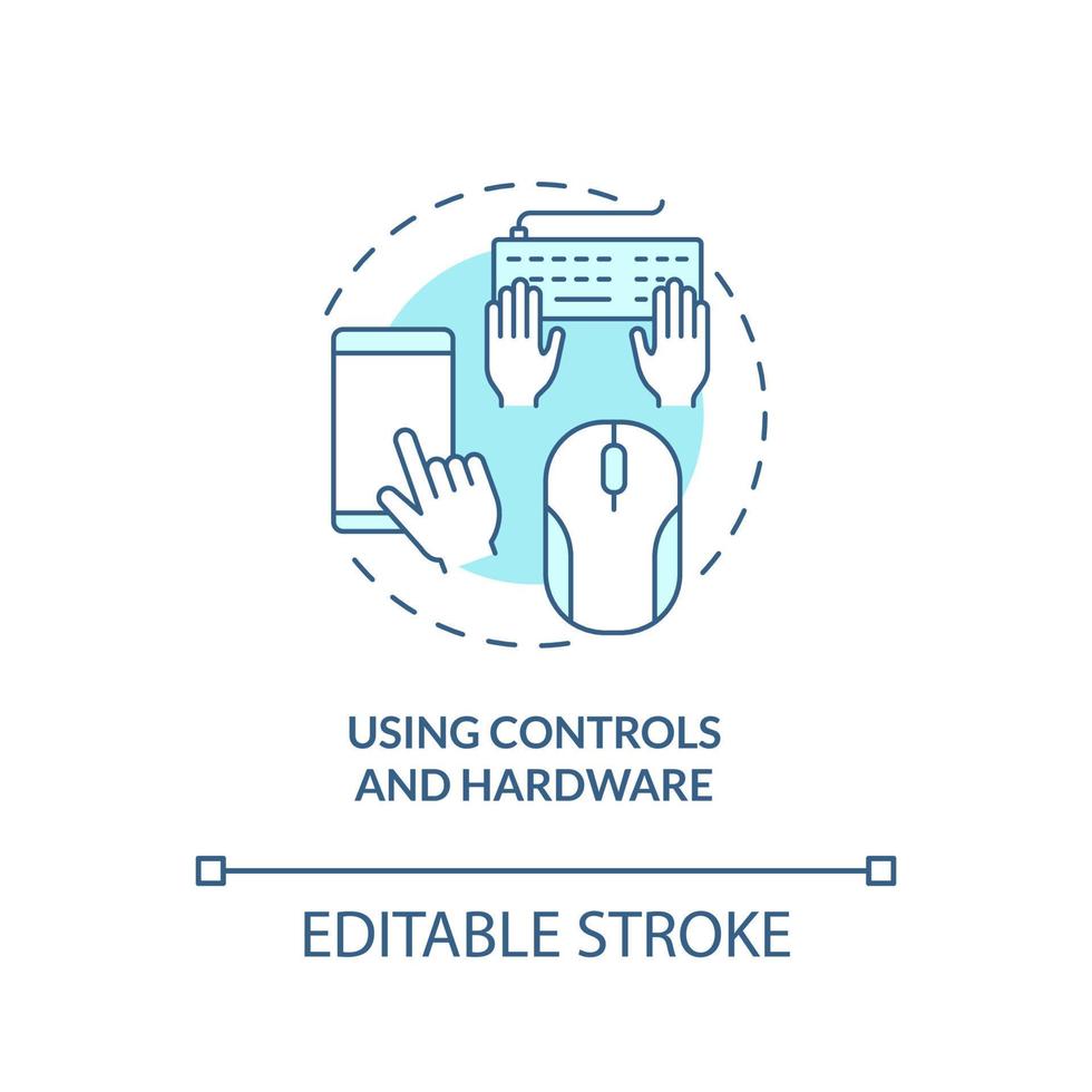 Using controls and hardware turquoise concept icon. Digital basic foundation skills abstract idea thin line illustration. Isolated outline drawing. Editable stroke vector