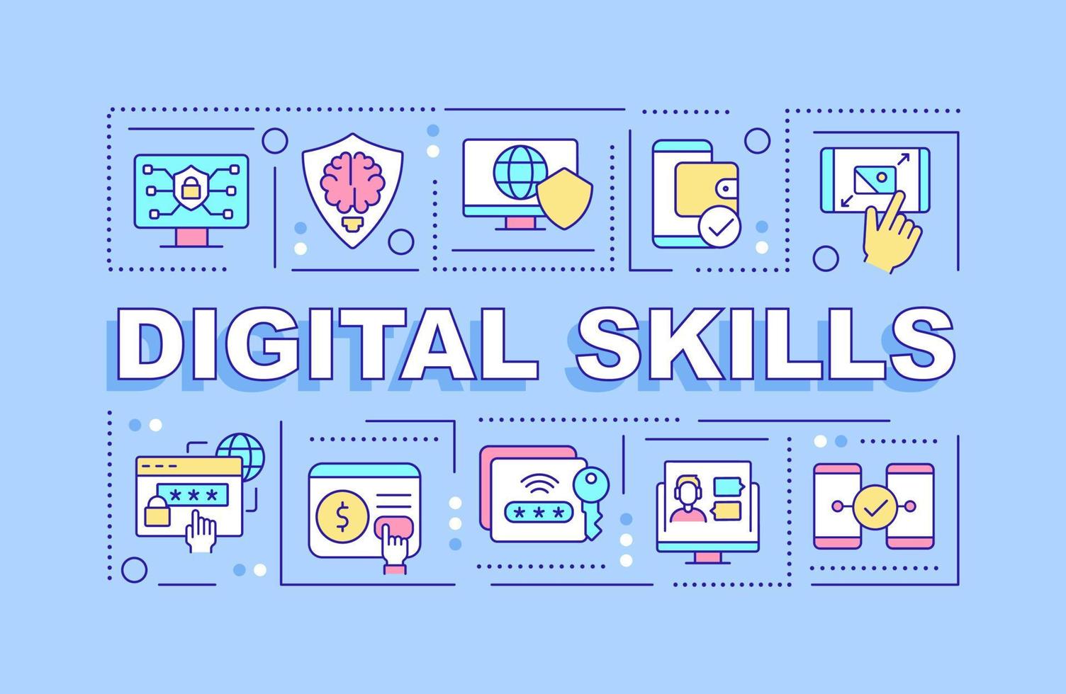 Digital skills word concepts blue banner. Computer systems literacy. Infographics with icons on color background. Isolated typography. Vector illustration with text