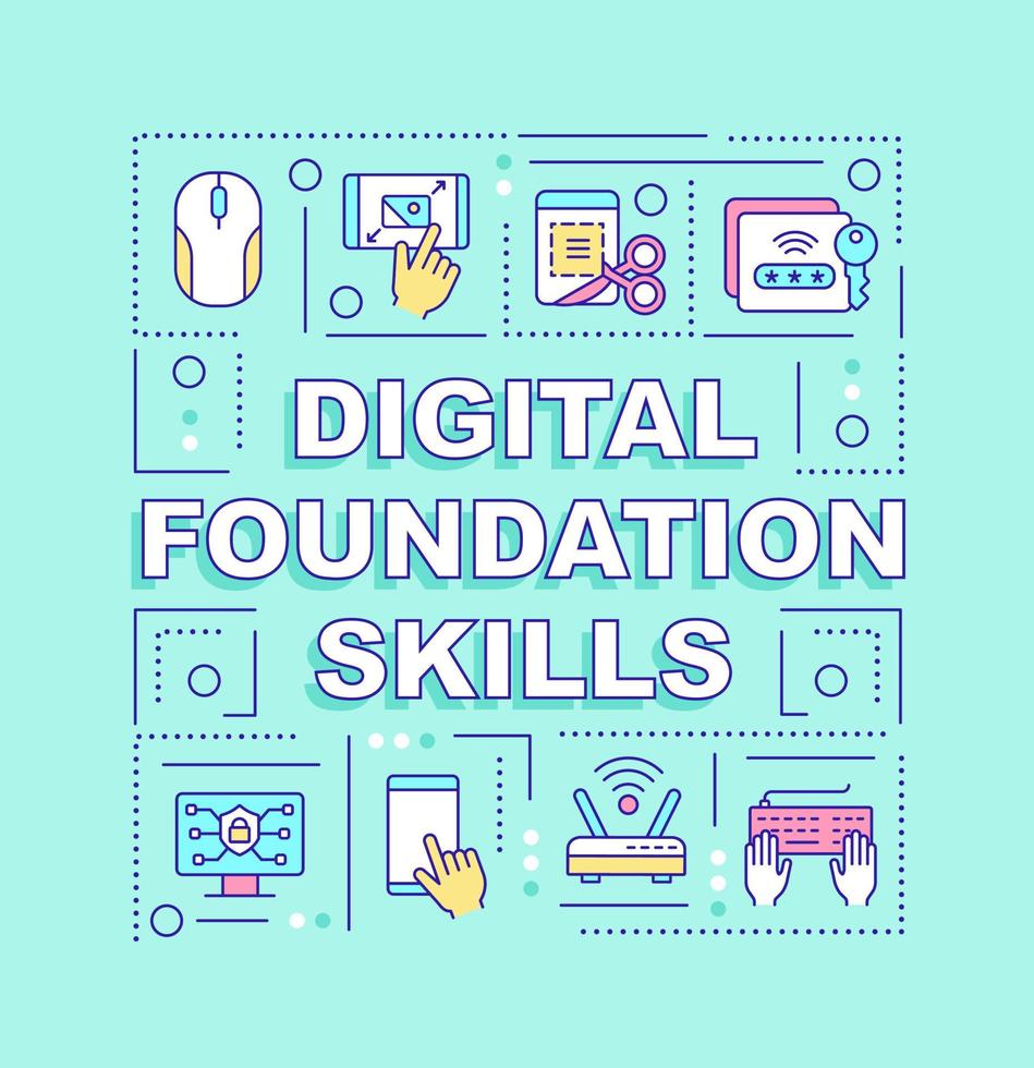 Digital foundation skills word concepts blue banner. Computer skills. Infographics with icons on color background. Isolated typography. Vector illustration with text
