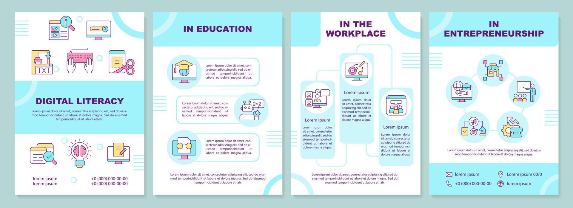 Digital literacy in spheres brochure template. Computing skills. Leaflet design with linear icons. 4 vector layouts for presentation, annual reports