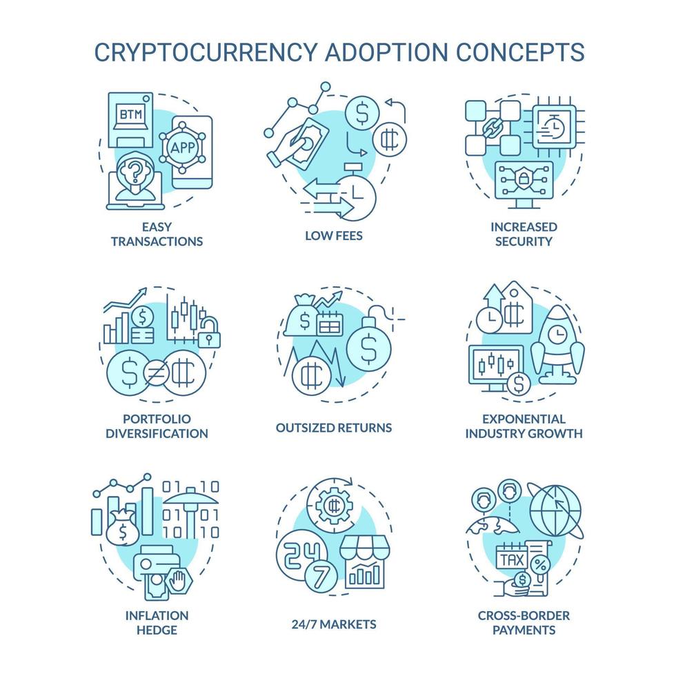 Cryptocurrency adoption turquoise concept icons set. Inflation hedge idea thin line color illustrations. Low fees. Isolated symbols. Editable stroke vector