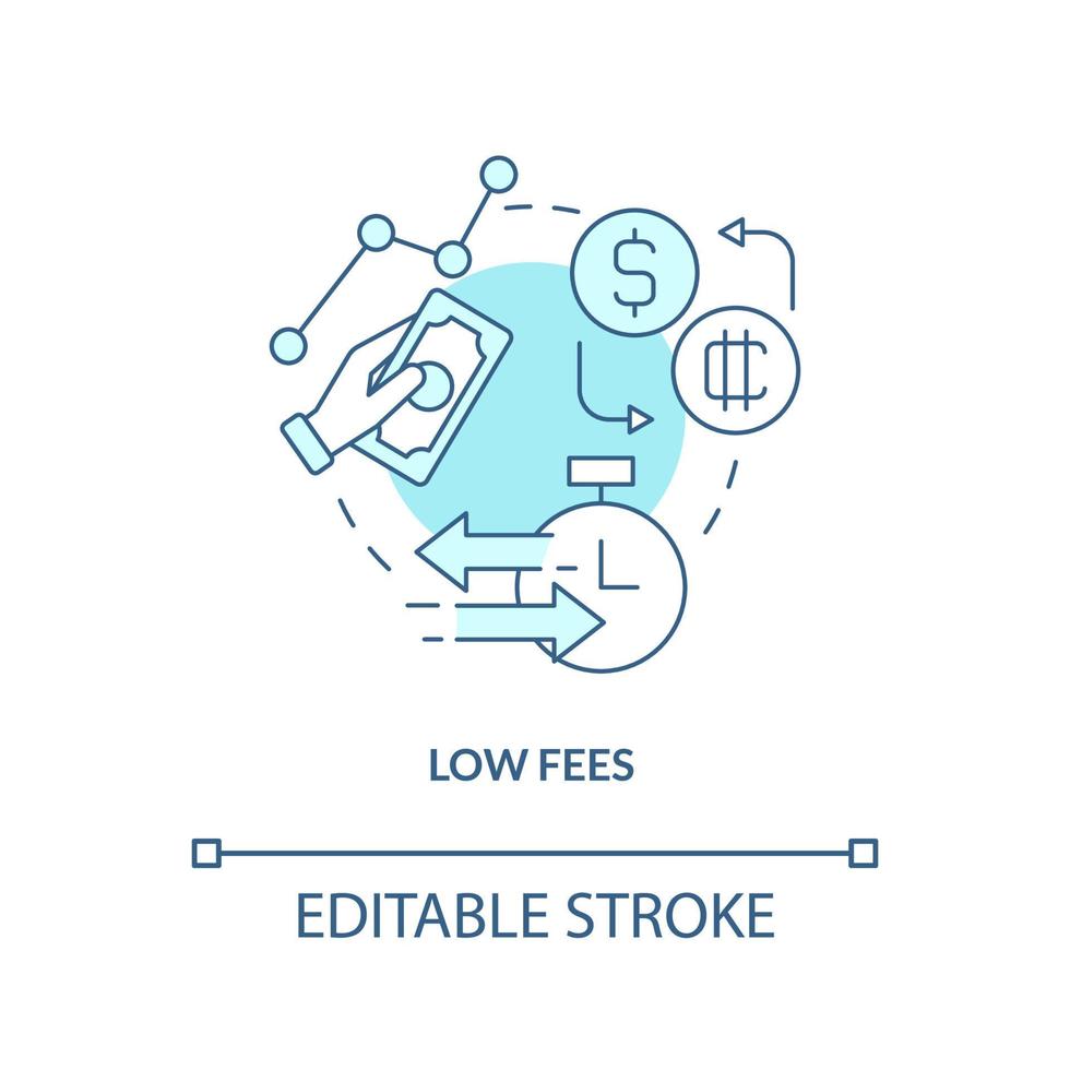 Low fees turquoise concept icon. Crypto-currency competitive benefit abstract idea thin line illustration. Affordable sum. Isolated outline drawing. Editable stroke vector