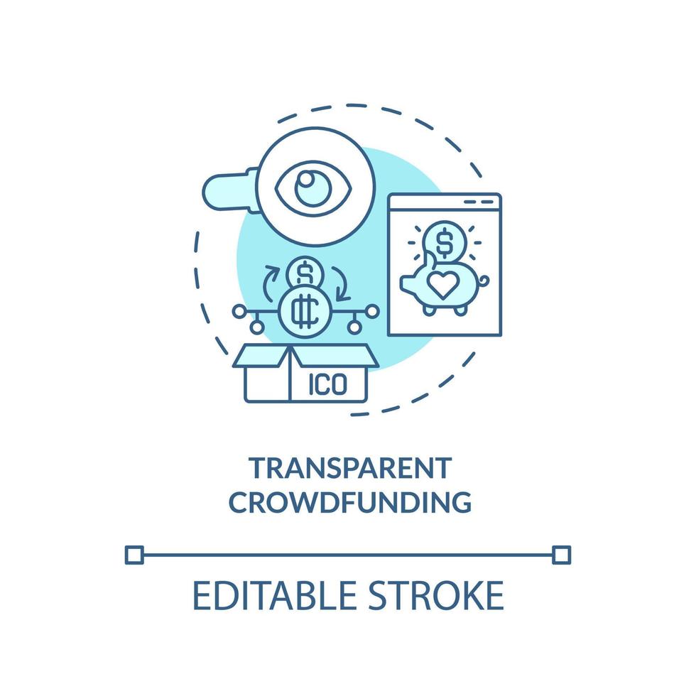 Transparent crowdfunding turquoise concept icon. Crypto-currency advantage in usage abstract idea thin line illustration. Isolated outline drawing. Editable stroke vector