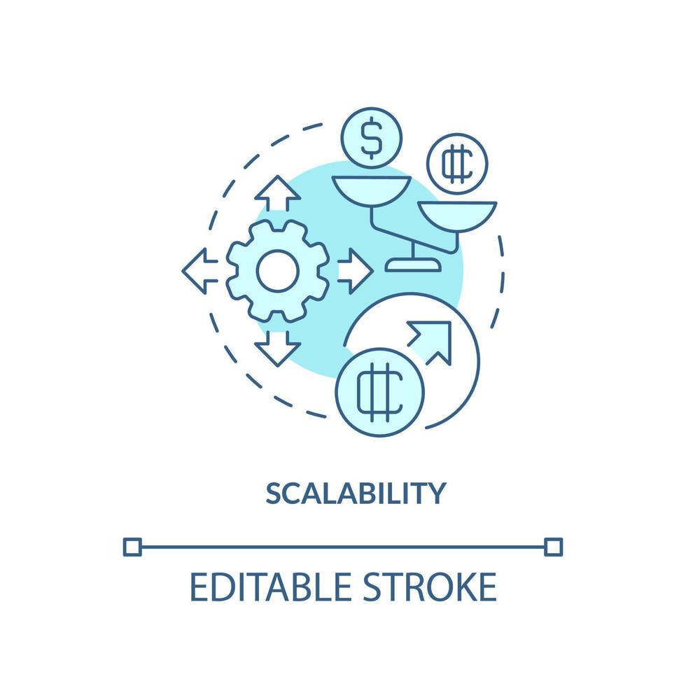 Scalability turquoise concept icon. Cryptocurrency drawback abstract idea thin line illustration. Limited capability. Isolated outline drawing. Editable stroke vector