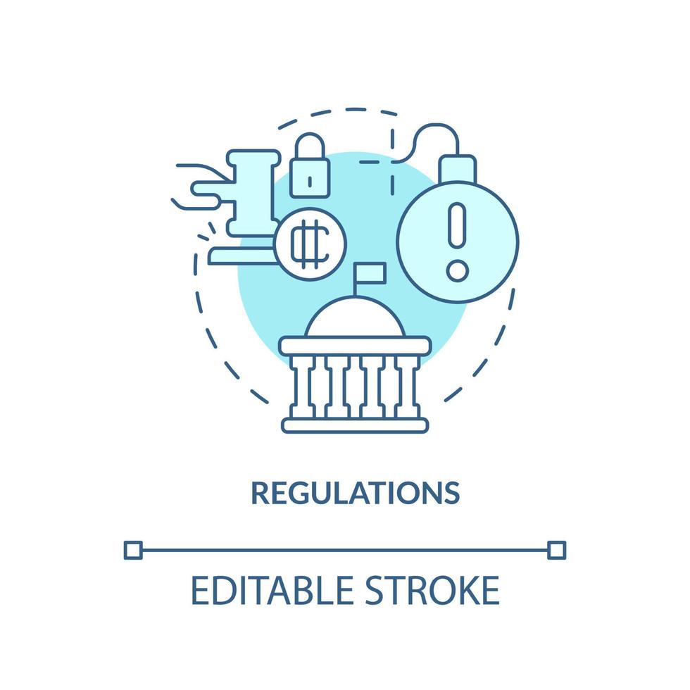 Regulations turquoise concept icon. Crypto-currency weak point abstract idea thin line illustration. State legislation. Isolated outline drawing. Editable stroke vector