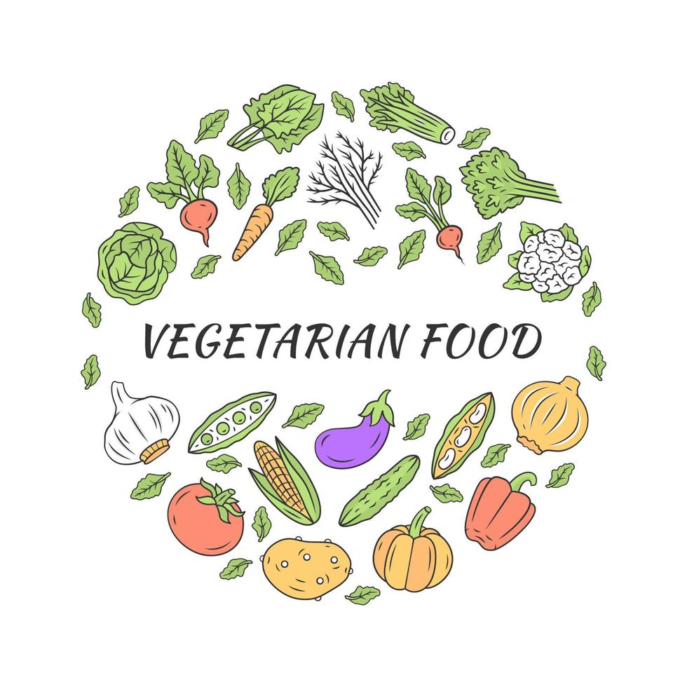 Vegetarian food word concept banner. Vegetables and fruits. Isolated vector illustrations. Lettering typography idea. Print design. Color icons set round composition with text space