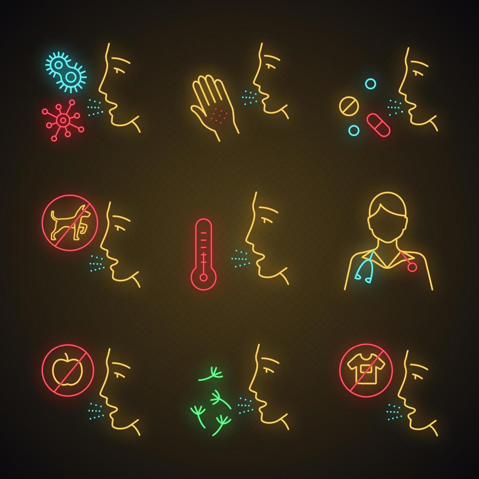 Allergies app icons set. Contact, food, respiratory diseases. Allergen sources. Diagnosis, medication. Medical problem. UIUX user interface. Web or mobile applications. Vector isolated illustrations