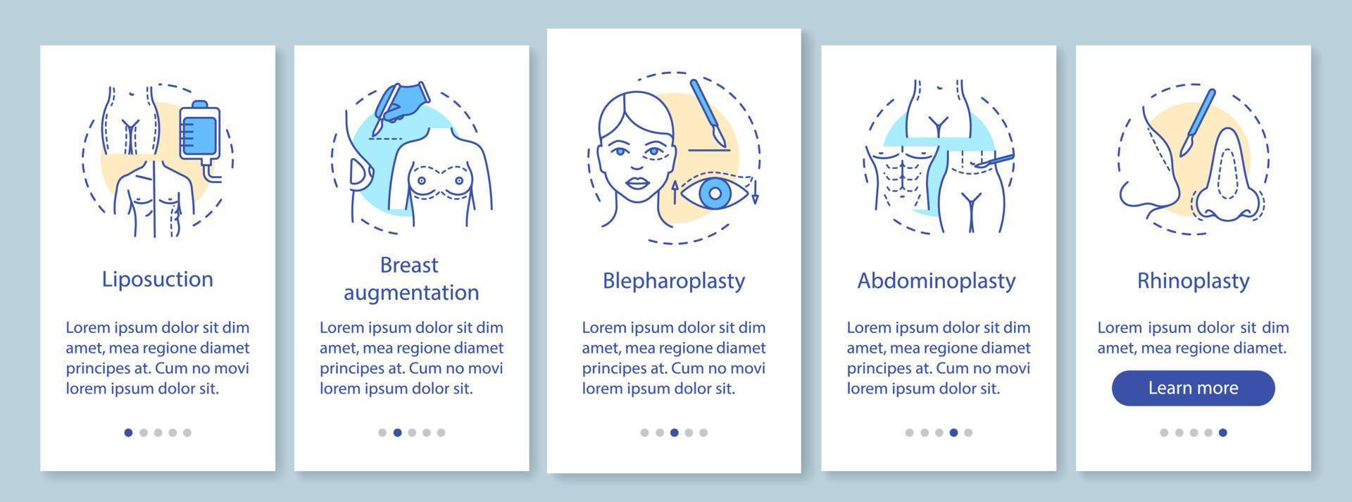 procedimientos de cirugía plástica que incorporan la pantalla de la página de la aplicación móvil con conceptos lineales. instrucciones gráficas de cinco pasos de recorrido. ux, ui, plantilla vectorial gui con ilustraciones vector