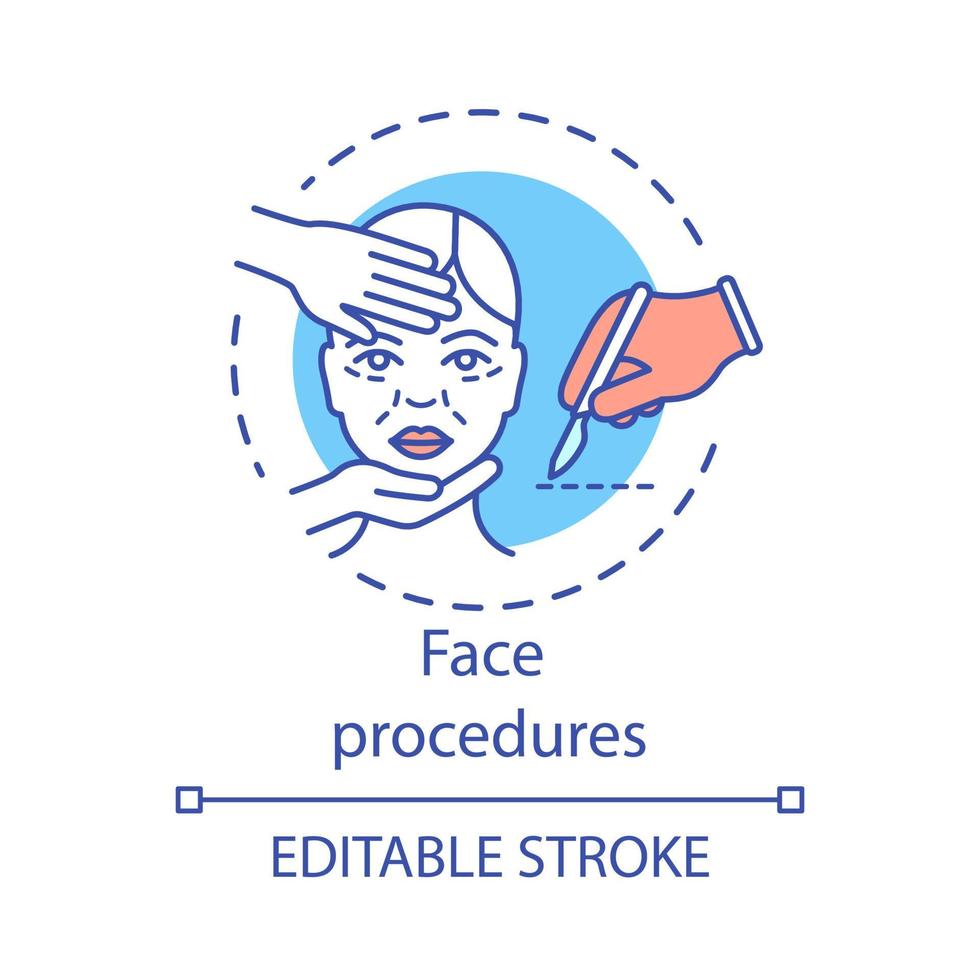 icono de concepto de procedimientos de cara. Ilustración de línea fina de idea de cirugía plástica. tratamiento facial invasivo. envejecimiento de la piel. contorno facial. dibujo de contorno aislado vectorial. trazo editable vector