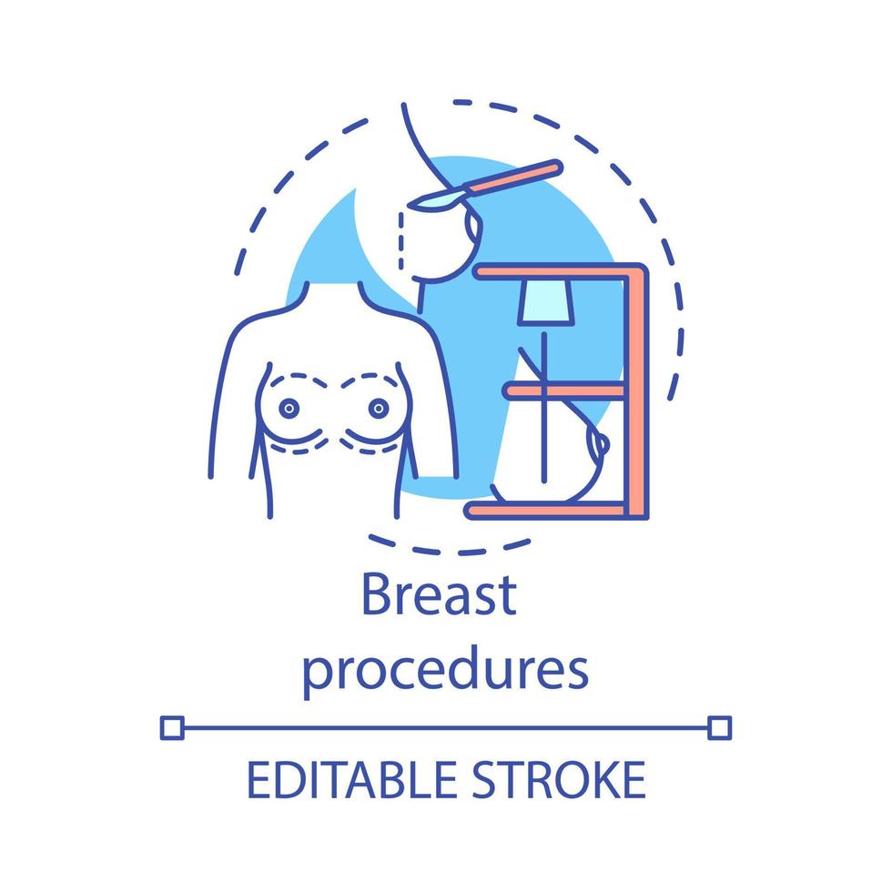 Breast procedures concept icon. Mammoplasty procedure idea thin line illustration. Boob job. Breast augmentation, reduction and reconstruction. Vector isolated outline drawing. Editable stroke