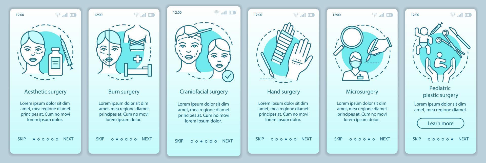 Surgical subspecialties onboarding mobile app page screen vector template. Hand surgery. Walkthrough website steps with linear illustrations. UX, UI, GUI smartphone interface concept