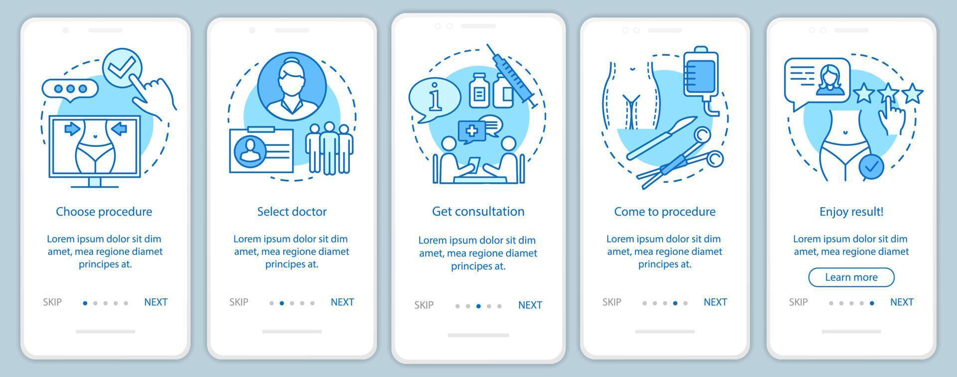 pantalla de la página de la aplicación móvil de incorporación del procedimiento de tratamiento del centro de cirugía plástica con conceptos lineales. instrucciones gráficas de cinco pasos de recorrido. ux, ui, plantilla vectorial gui con ilustraciones vector