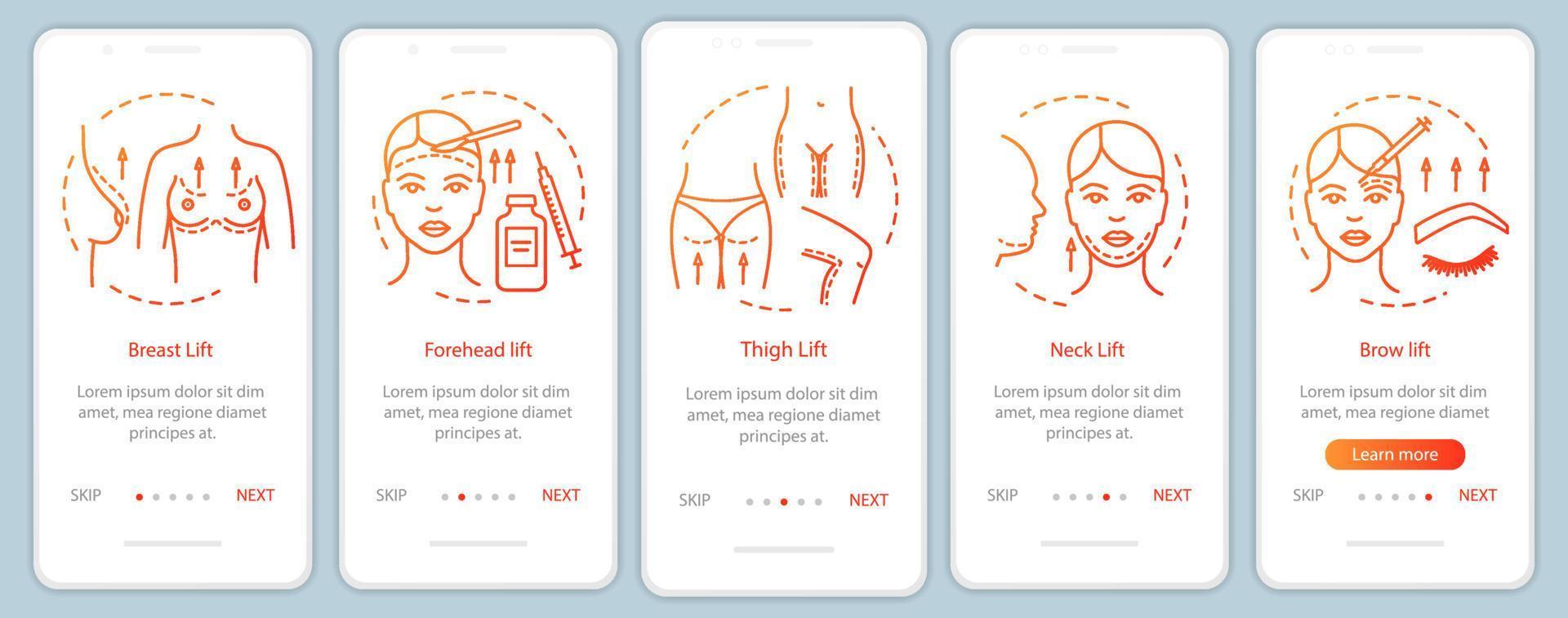 procedimientos de elevación cosmética incorporando plantilla de vector de pantalla de página de aplicación móvil. estiramiento facial levantamiento de senos paso a paso del sitio web con ilustraciones lineales. ux, ui, concepto de interfaz de teléfono inteligente gui