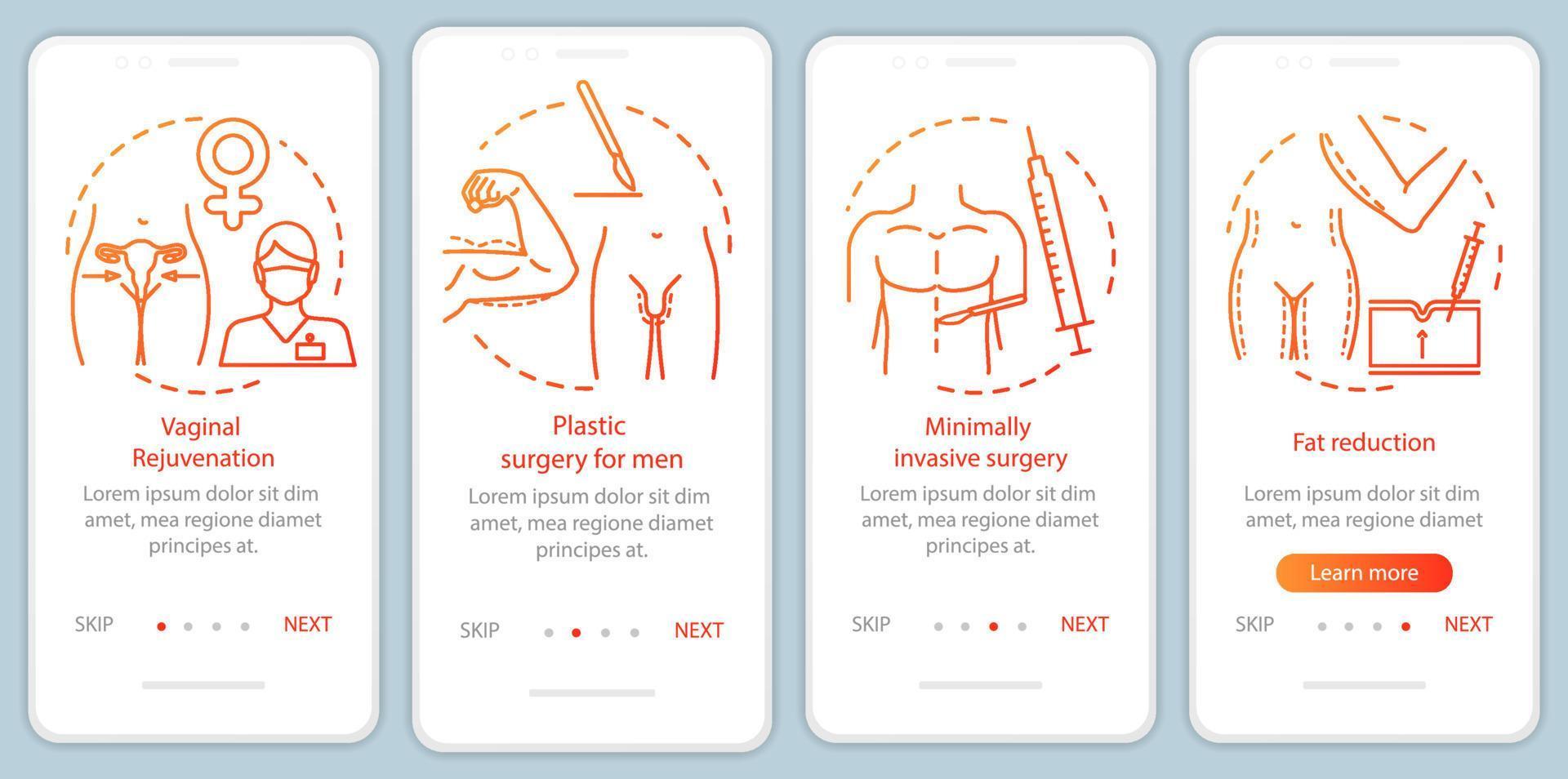 Men and women plastic surgery onboarding mobile app page screen vector template. Fat reduction. Walkthrough website steps with linear illustrations. UX, UI, GUI smartphone interface concept