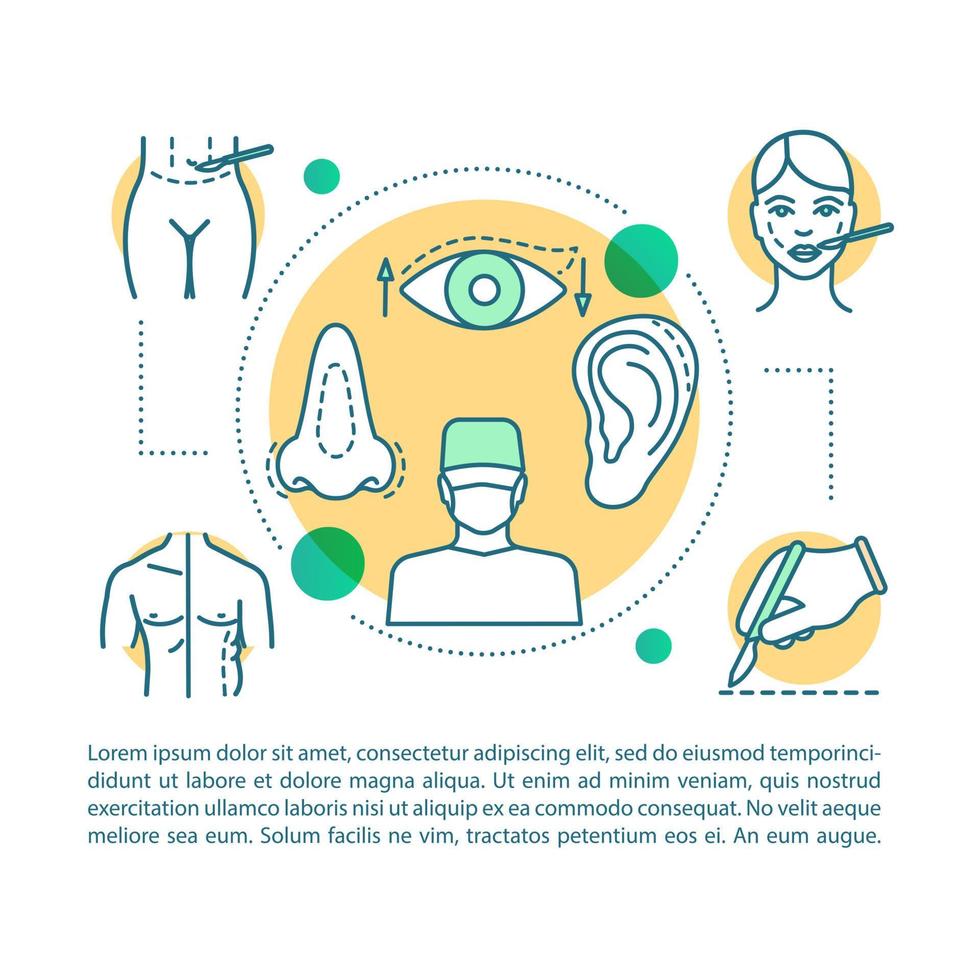 plantilla de vector de página de artículo de cirugía plástica cosmética reconstructiva. folleto, revista, elemento de diseño de folleto con iconos lineales y cuadros de texto. diseño de impresión. ilustraciones conceptuales con espacio de texto