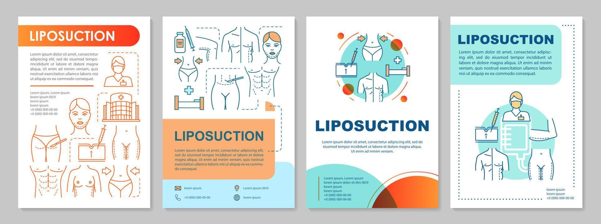 diseño de plantilla de folleto de liposucción. procedimiento de eliminación de grasa. folleto, folleto, diseño de impresión de folleto con ilustraciones lineales. diseños de páginas vectoriales para revistas, informes anuales, carteles publicitarios vector