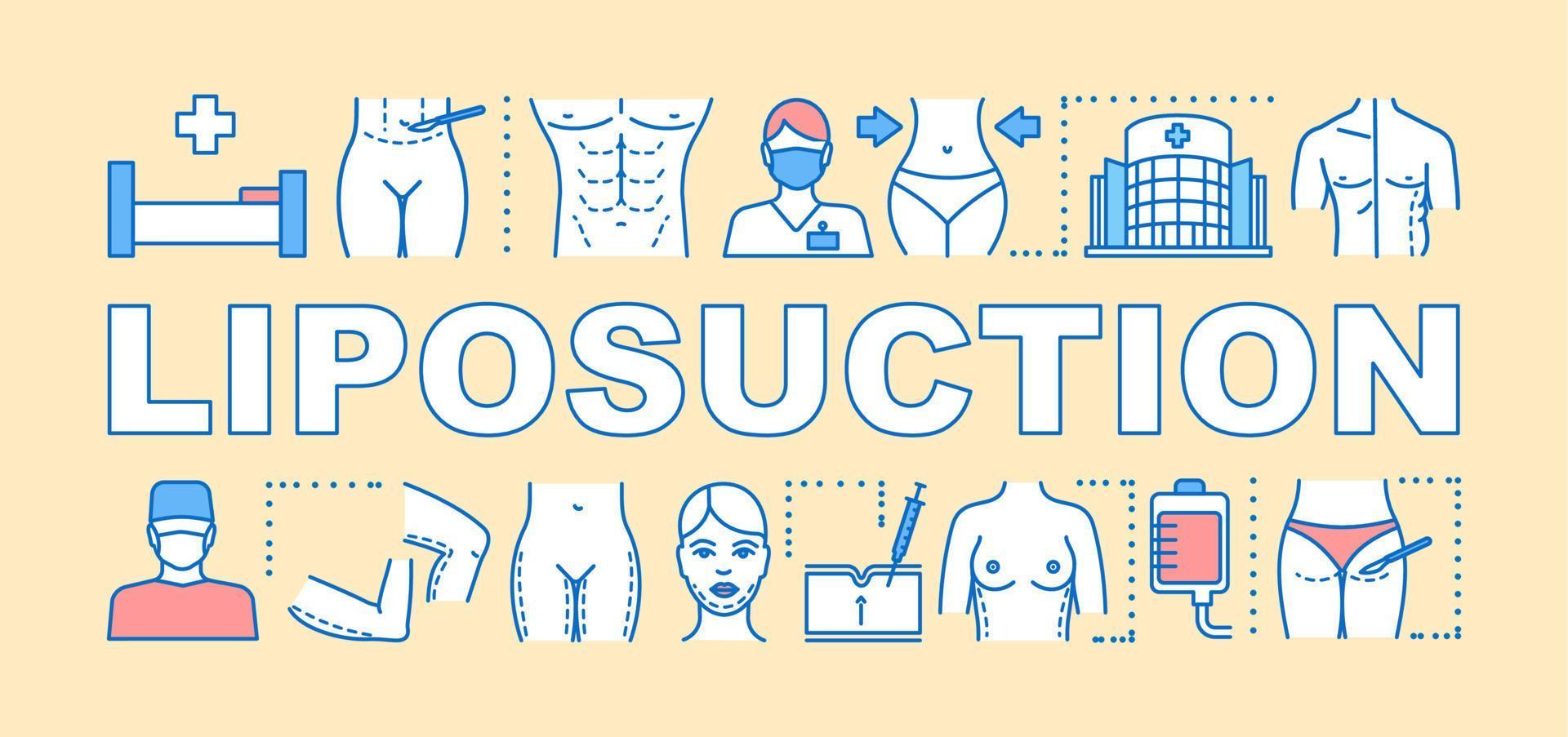 banner de conceptos de palabras de liposucción. procedimiento quirúrgico estético. corrección. presentación, sitio web. idea de tipografía de letras aisladas con iconos lineales. ilustración de contorno vectorial vector