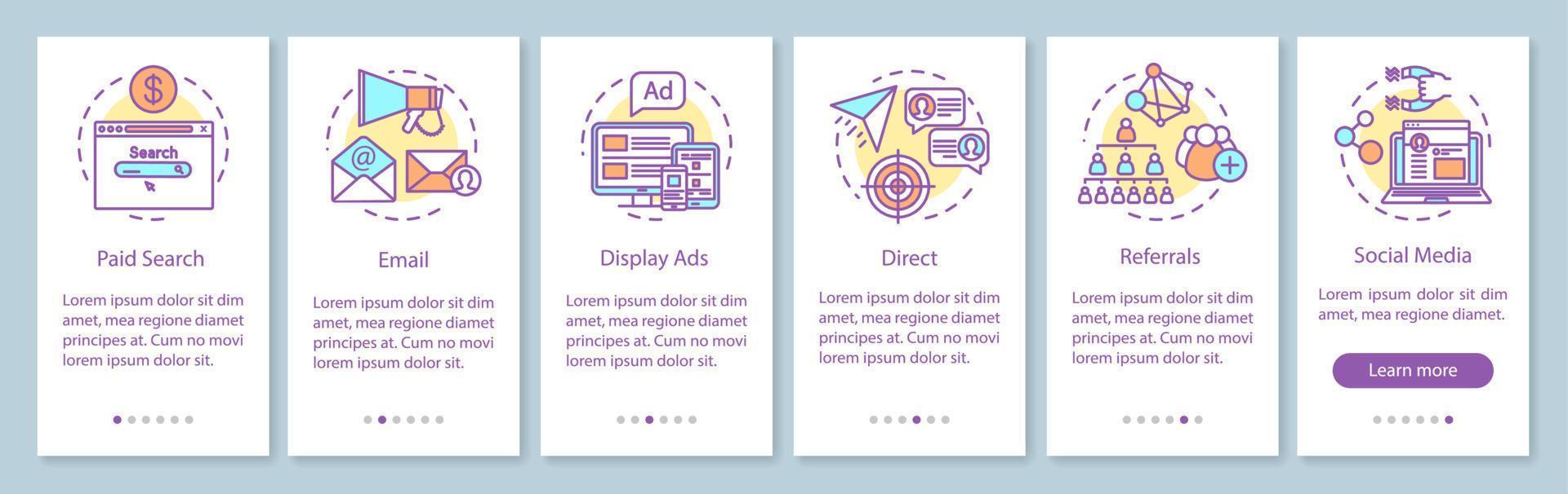 canales de marketing que incorporan la pantalla de la página de la aplicación móvil con conceptos lineales. formas de atracción de clientes paso a paso instrucciones gráficas. ux, ui, plantilla vectorial gui con ilustraciones vector