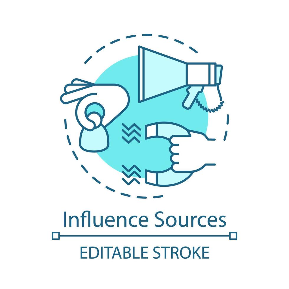 Influence sources turquoise concept icon. Customer attraction strategy idea thin line illustration. Clients retention. Advertising campaign. Marketing. Vector isolated outline drawing. Editable stroke