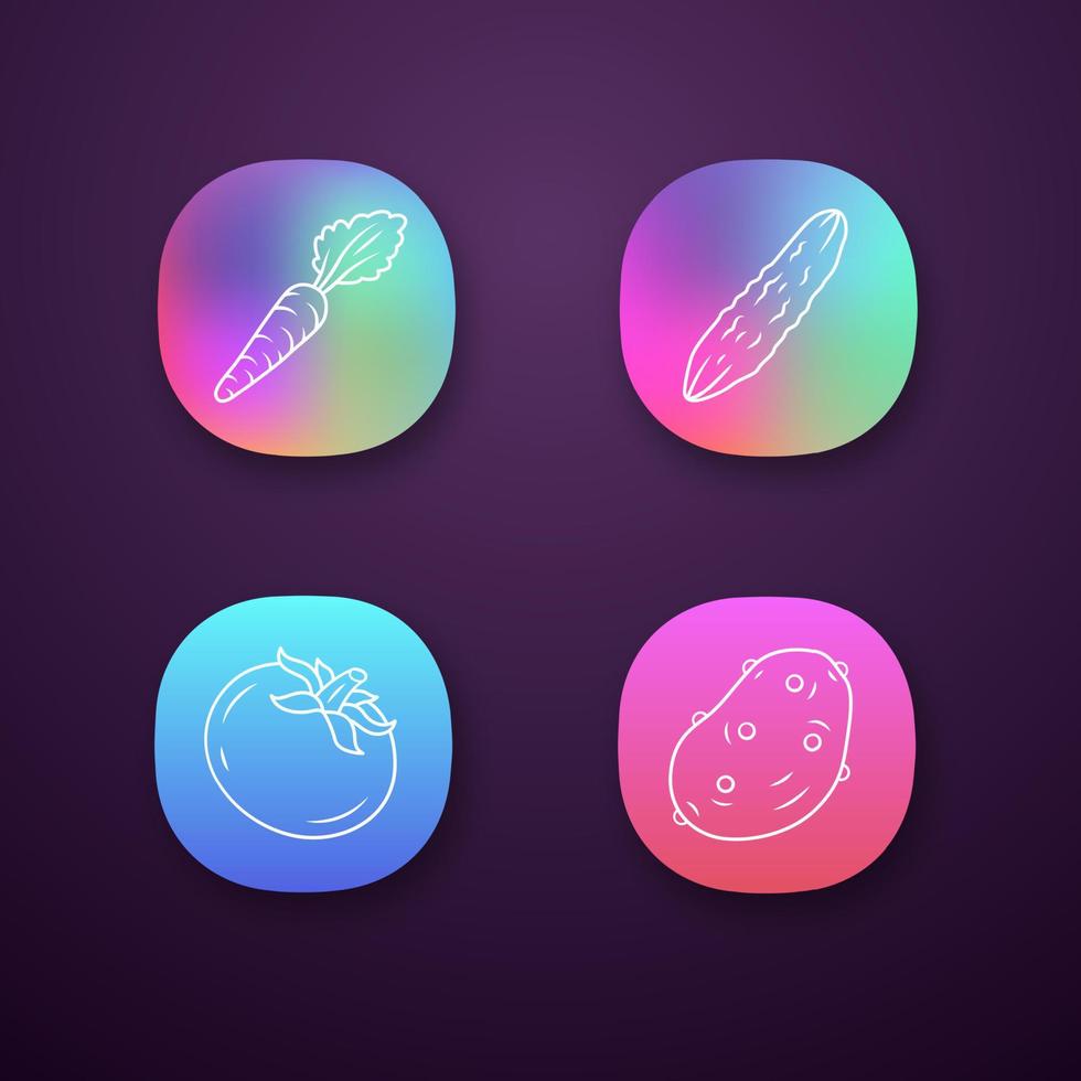 Vegetables color app icons set. Potato, cucumber, tomato, carrot. Vitamin and diet. Healthy nutrition. Salad ingredient. UIUX user interface. Web or mobile applications. Vector isolated illustrations