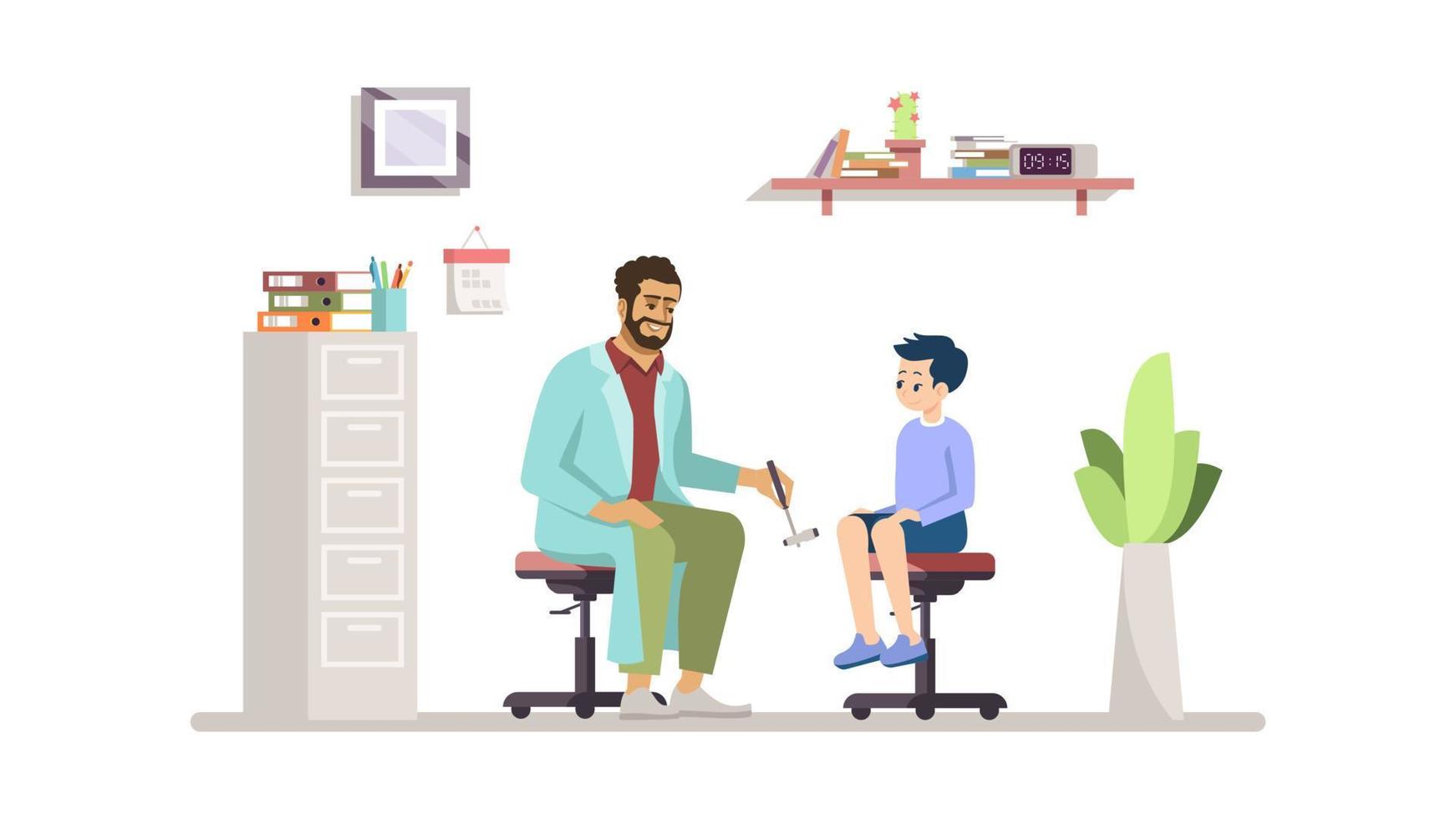 Neurologist examining kid flat vector illustration. Doctor, young patient isolated cartoon characters on white background. Happy child at hospital, clinic. Medical check, childcare, pediatrician