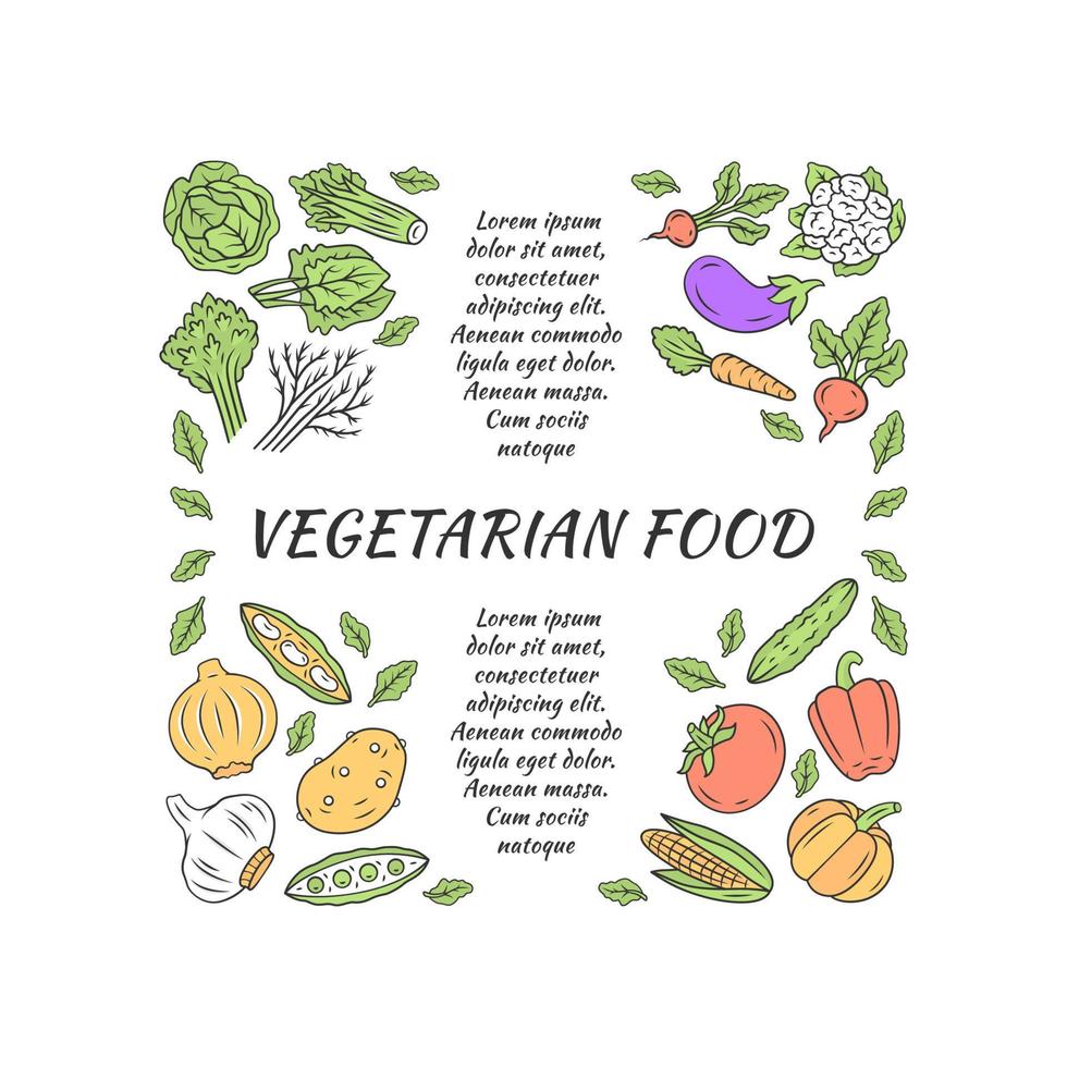 plantilla de vector de página de artículo de comida vegetariana. banner de conceptos de palabras de dieta saludable con espacio de texto. idea de tipografía de letras aisladas con iconos lineales. volante, folleto, prospecto, diseño de carteles