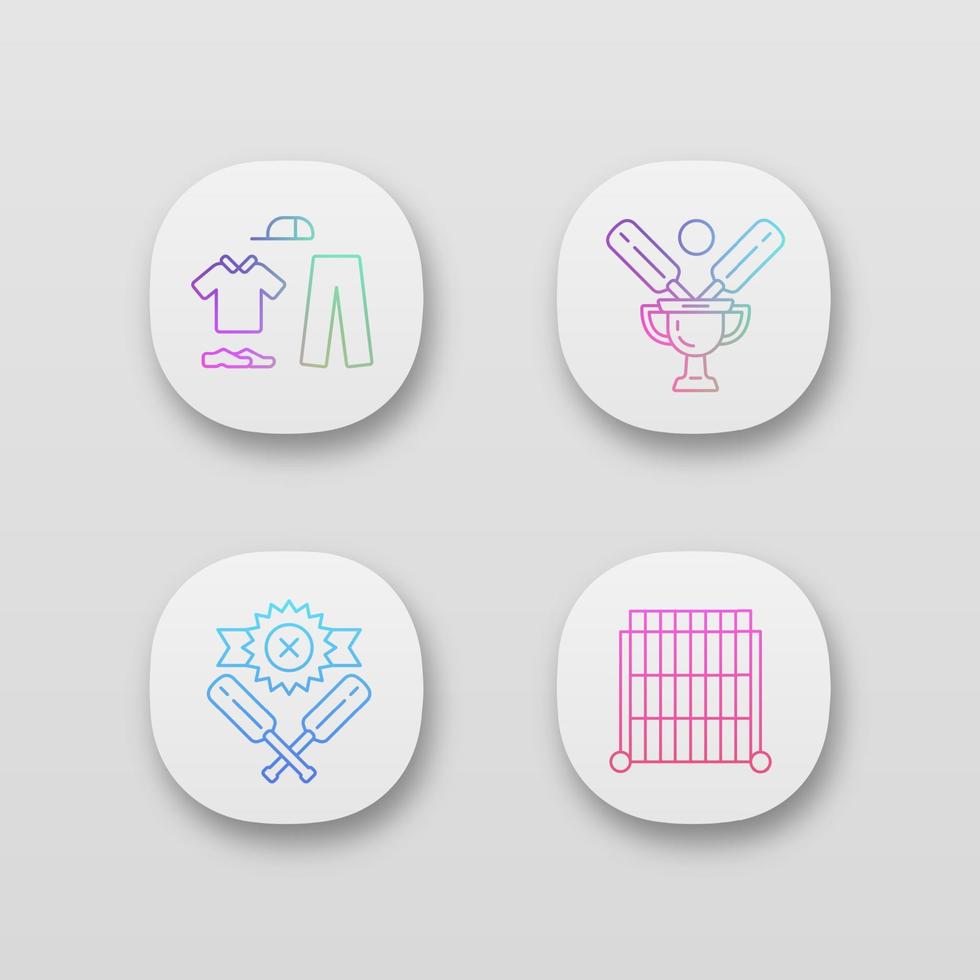 Cricket championship app icons set. Sport tournament. Uniform, champion cup, win, sight screen. League competition. UIUX user interface. Web or mobile applications. Vector isolated illustrations