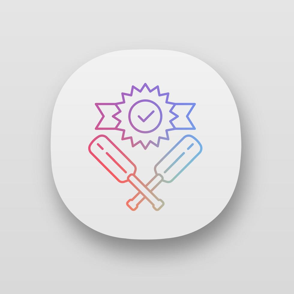Cricket win app icon. Sport tournament. Winner trophy, crossed bits. Team battle. Outdoor sports activity. UIUX user interface. Web or mobile applications. Vector isolated illustrations