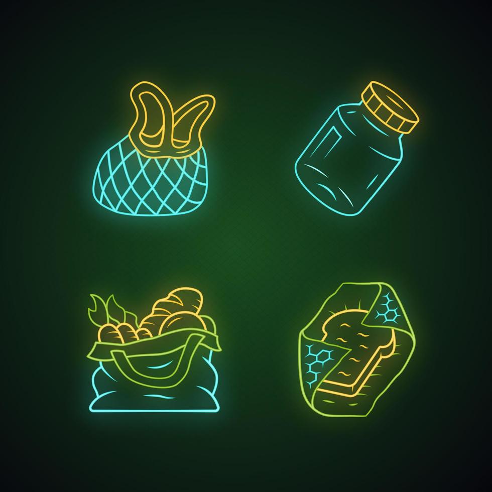 Zero waste kitchen utensils neon light icons set. Textile produce bag, mesh tote. Recyclable beeswax food wrap. Refillable spices container, mason jar. Glowing signs. Vector isolated illustrations