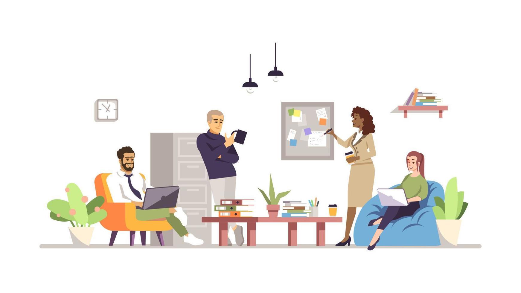 Office work flat vector illustration. Workforce, team building. Teamwork, colleagues meeting isolated cartoon characters. Managers, coworkers working together. Specialists, professionals brainstorming