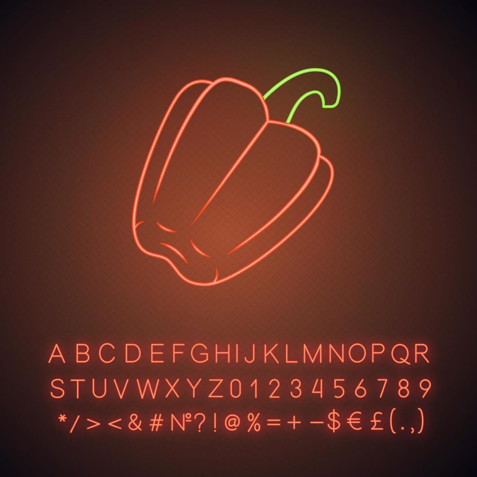 Bell pepper neon light icon. Sweet bulgarian pepper. Agriculture plant. Vegetable farm. Vegan food. Healthy diet. Glowing sign with alphabet, numbers and symbols. Vector isolated illustration