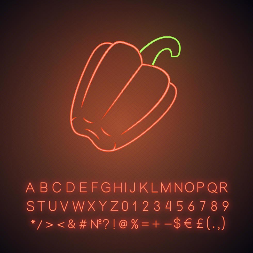 icono de luz de neón de pimiento. pimiento dulce búlgaro. planta de agricultura. granja de hortalizas. comida vegana. dieta saludable. signo brillante con alfabeto, números y símbolos. ilustración vectorial aislada vector