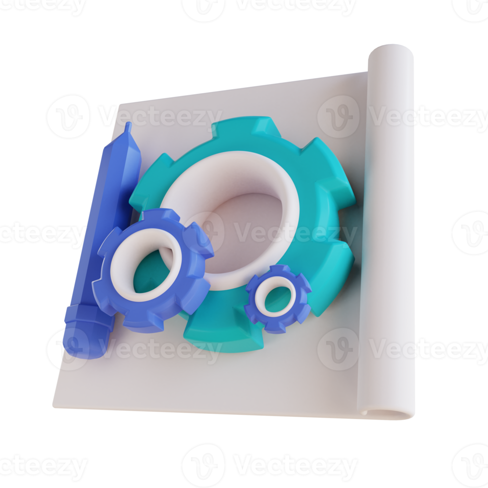 3D illustration paper pencil and gear png