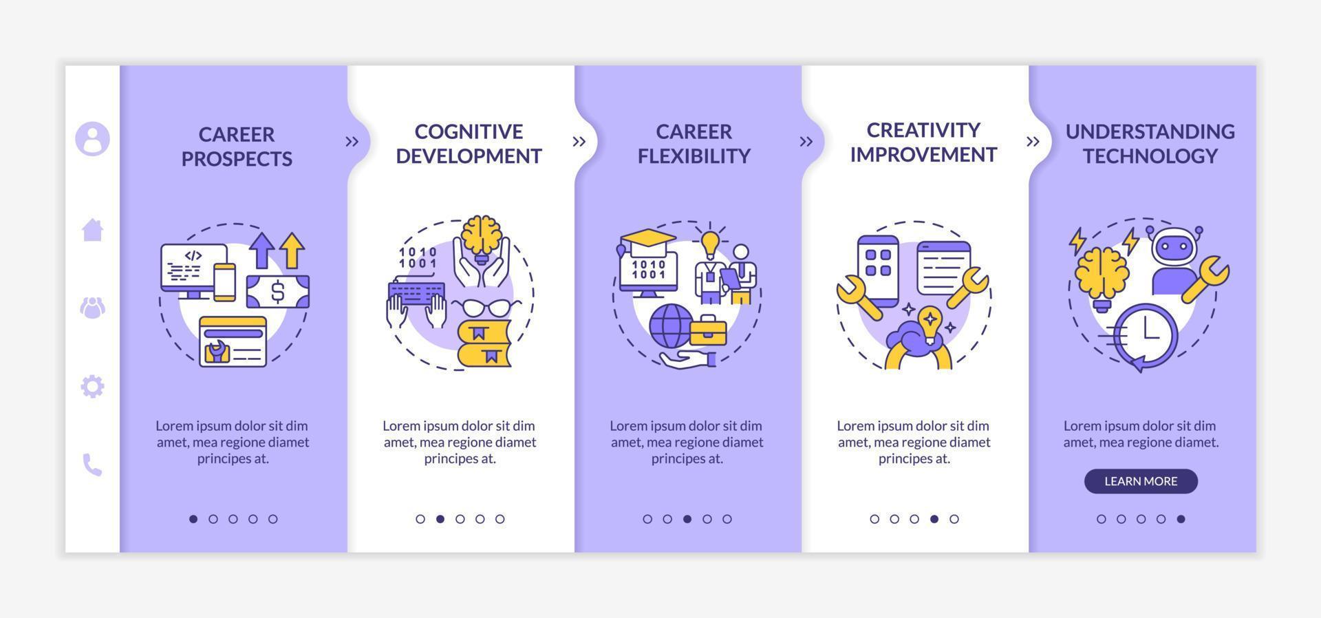Why to learn to code purple and white onboarding template. Professional coder. Responsive mobile website with linear concept icons. Web page walkthrough 5 step screens vector