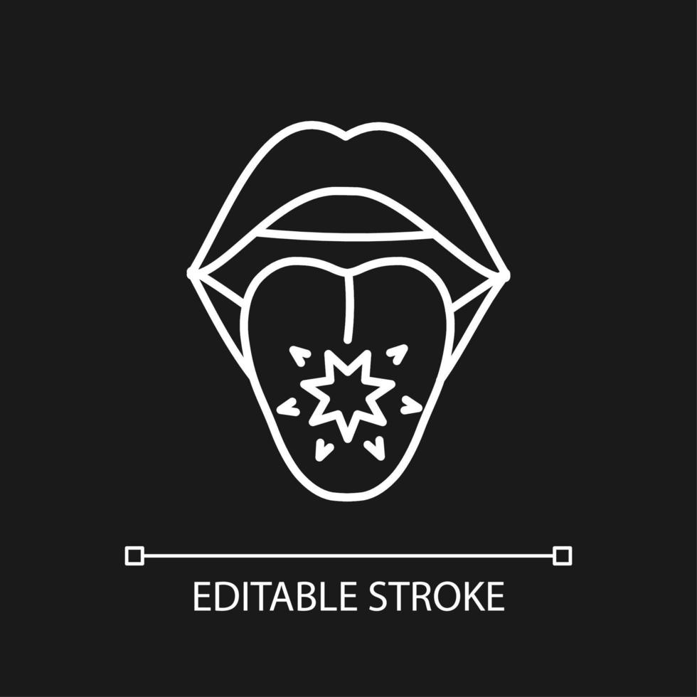 Tongue cancer white linear icon for dark theme. Malignant tumors and sores. Abnormal cells growth. Thin line illustration. Isolated symbol for night mode. Editable stroke vector