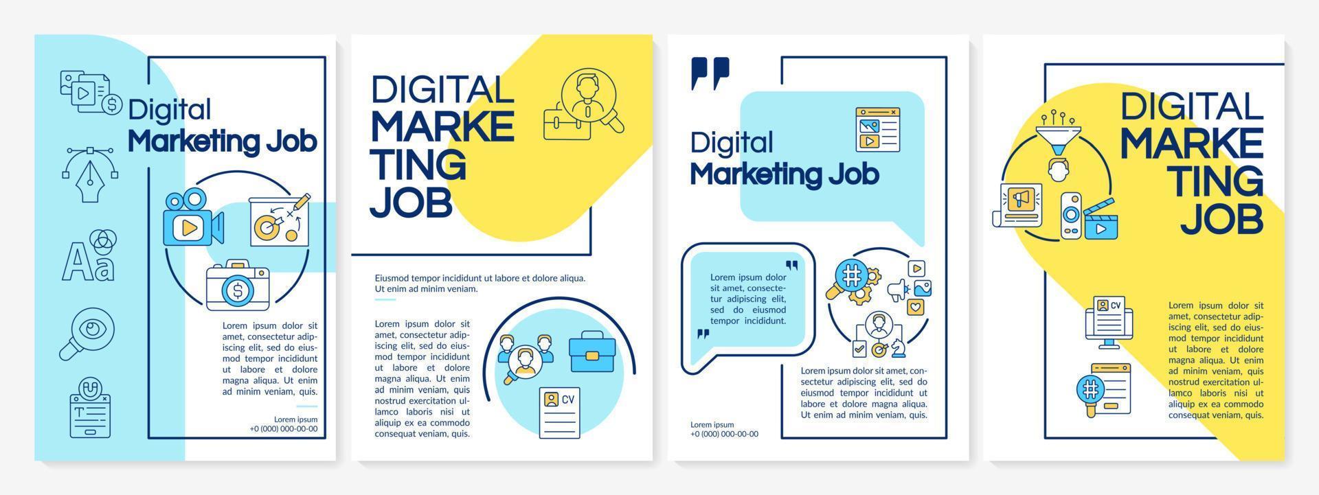 Digital marketing jobs blue and yellow brochure template. Booklet print design with linear icons. Vector layouts for presentation, annual reports, ads