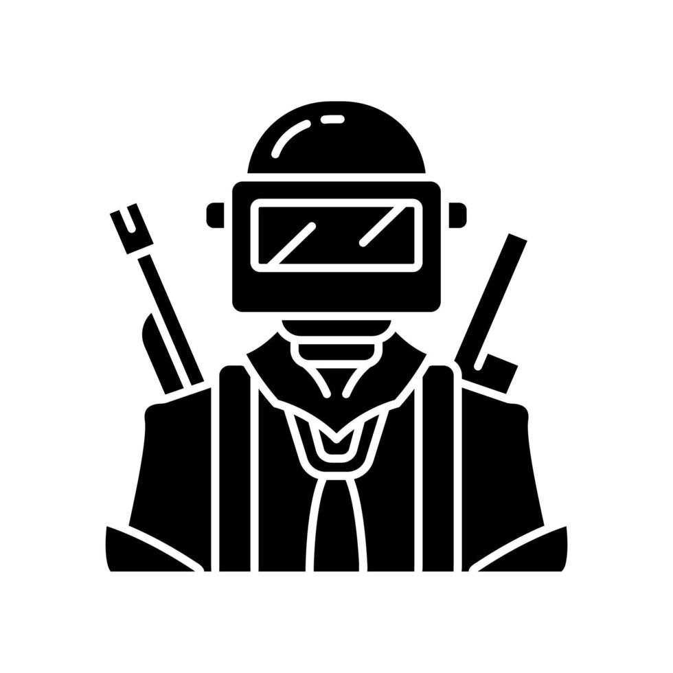 Game soldier glyph icon. Player with weapon in safety gear. Game inventory. Shooter from first person. Player in protective helmet. Silhouette symbol. Negative space. Vector isolated illustration