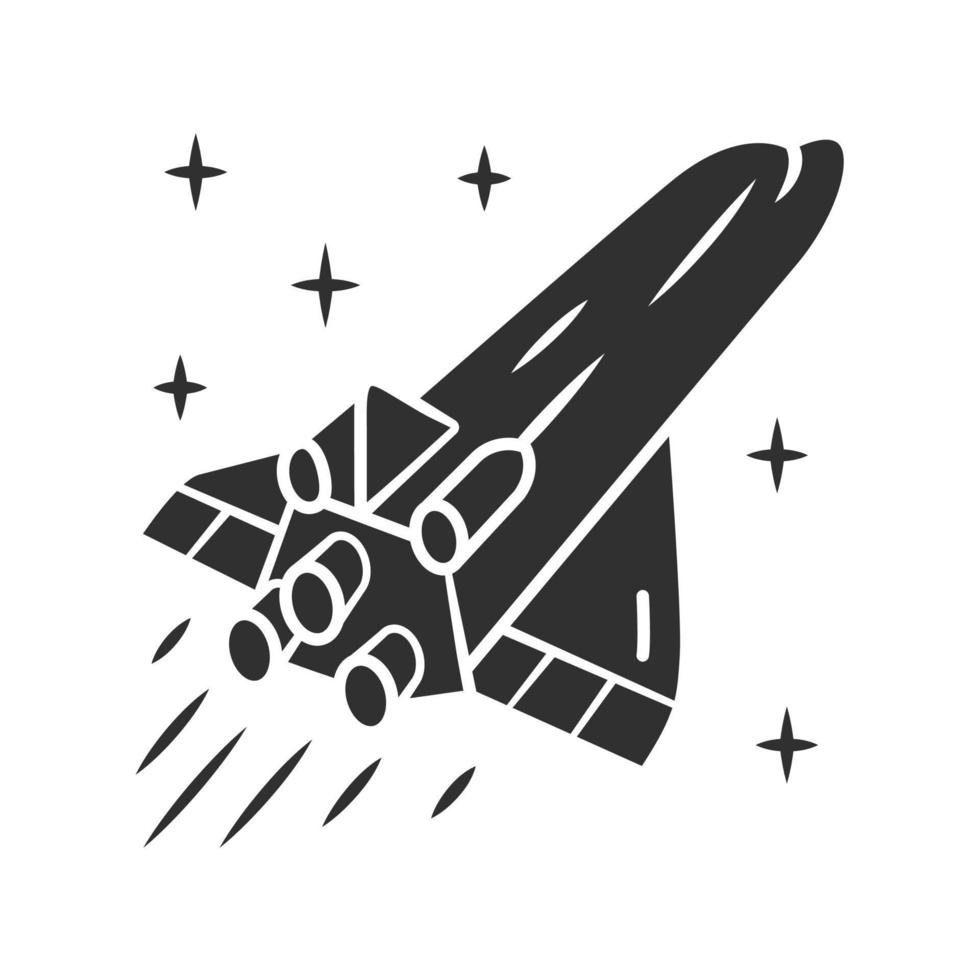 Spaceship glyph icon. Flying spacecraft. Aerospace vehicle. Missile, aircraft. Human spaceflight. Space exploration. Silhouette symbol. Negative space. Vector isolated illustration