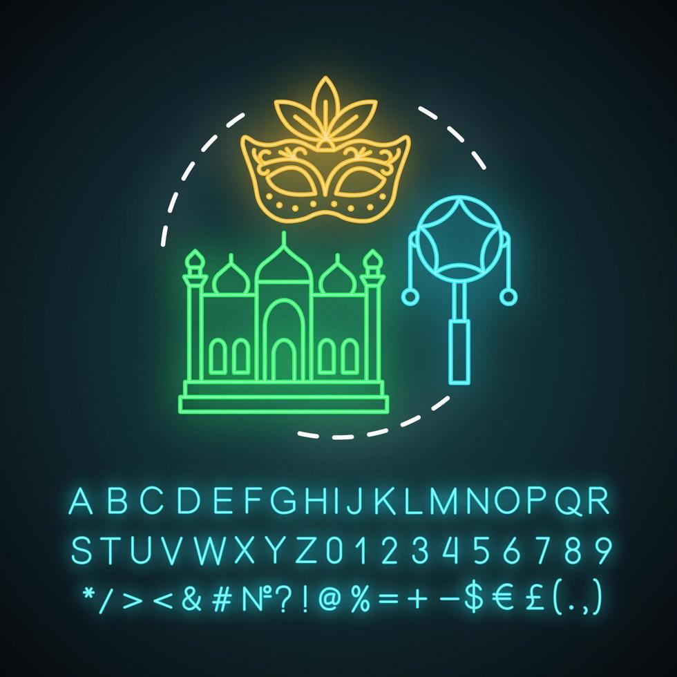 Cultural travel neon light concept icon. Travel experience idea. Customs and tradition of foreign culture. Local resident. Glowing sign with alphabet, numbers and symbols. Vector isolated illustration